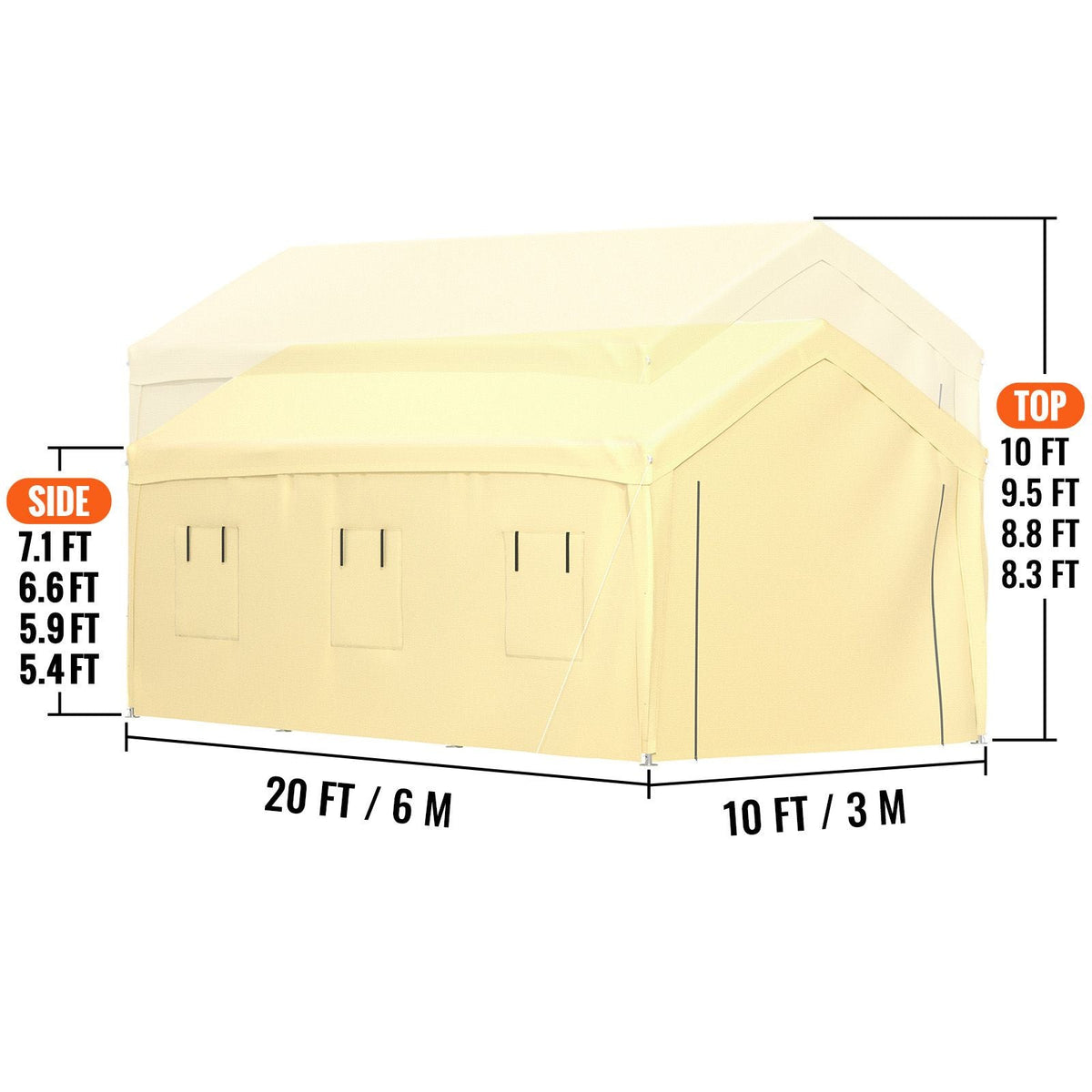10 x 20 ft Carport Car Canopy, Heavy Duty Garage Shelter with 8 Legs, Removable Sidewalls and Windows, Car Garage Tent for Party, Boat, Adjustable Peak Height from 8.3 ft to 10 ft, Yellow