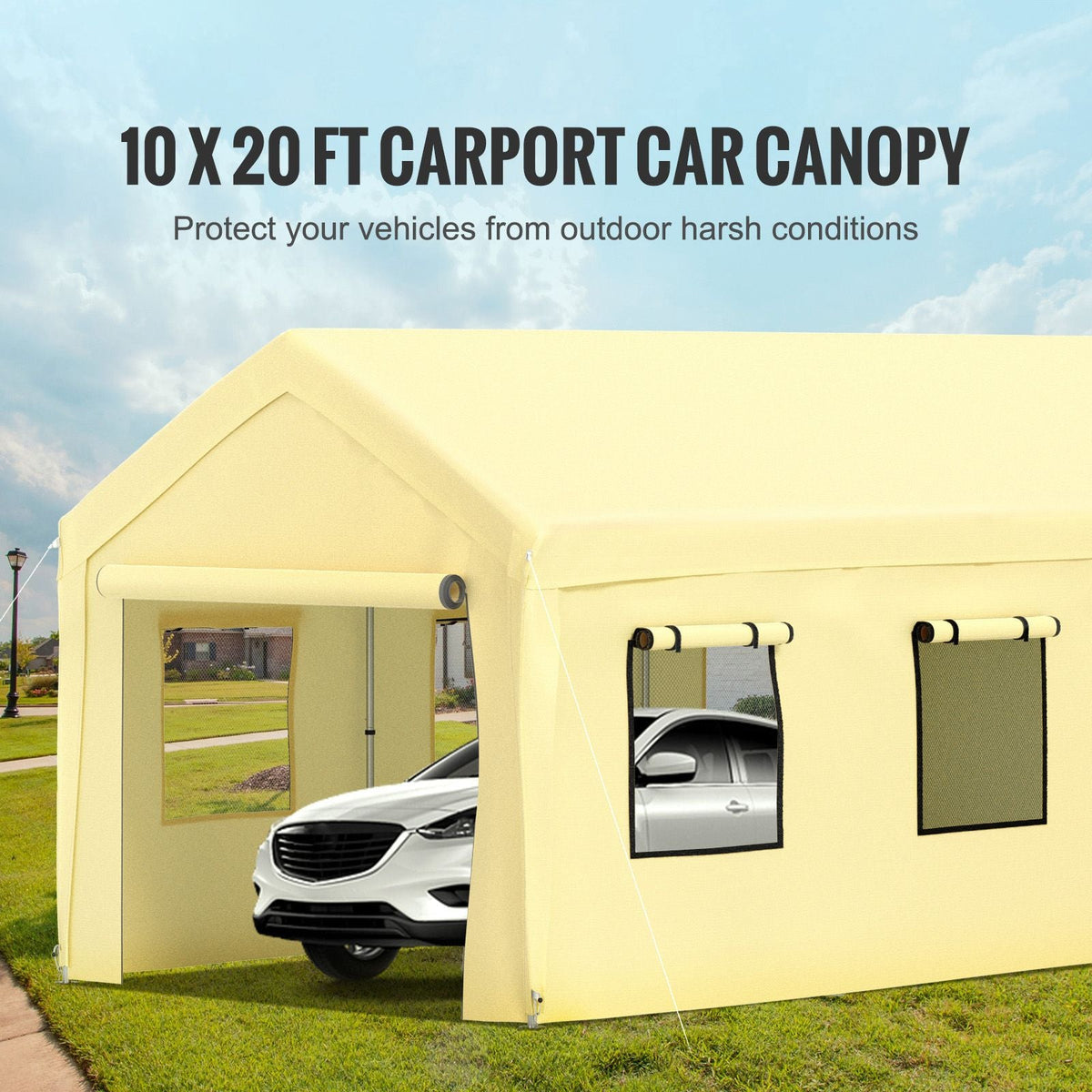 10 x 20 ft Carport Car Canopy, Heavy Duty Garage Shelter with 8 Legs, Removable Sidewalls and Windows, Car Garage Tent for Party, Boat, Adjustable Peak Height from 8.3 ft to 10 ft, Yellow