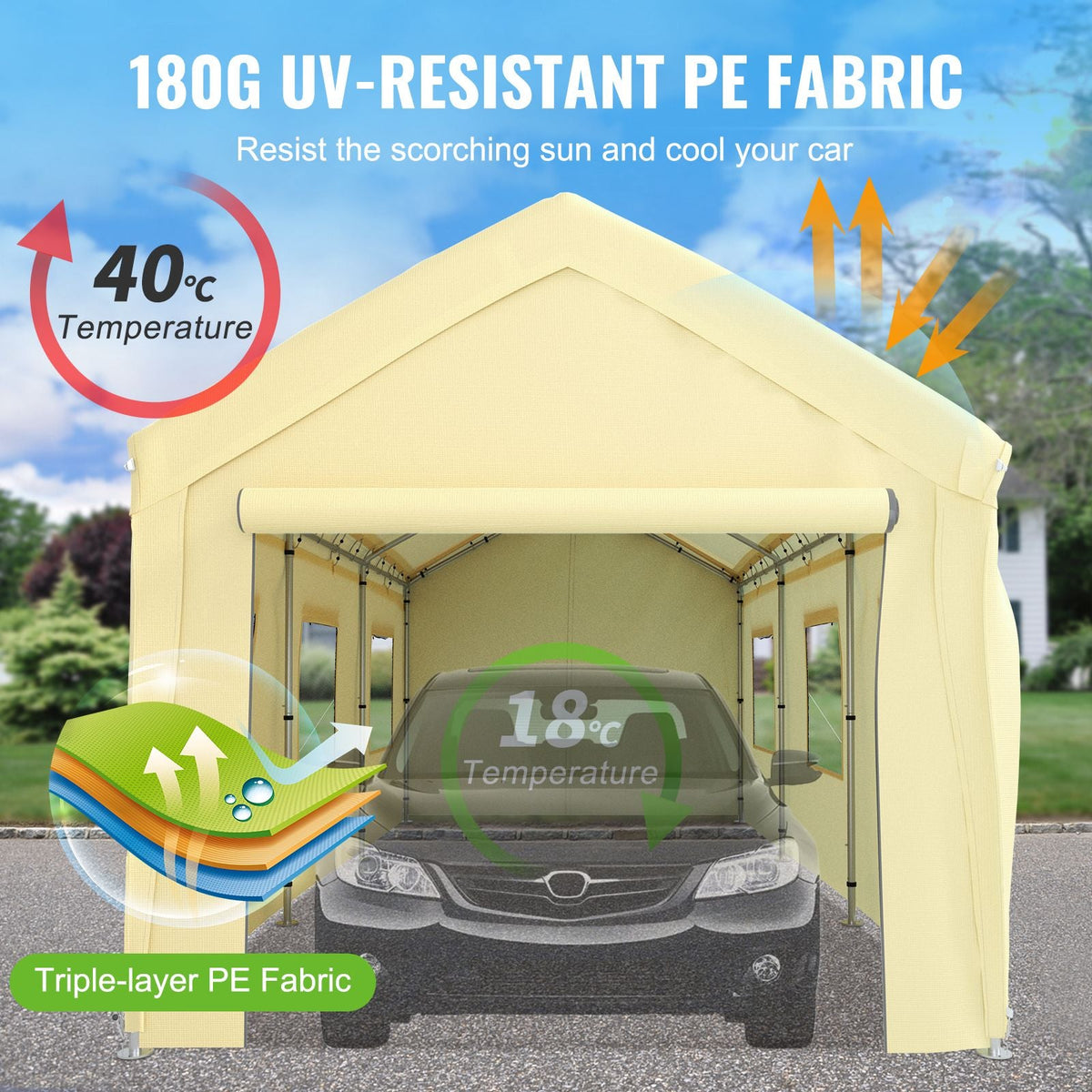 10 x 20 ft Carport Car Canopy, Heavy Duty Garage Shelter with 8 Legs, Removable Sidewalls and Windows, Car Garage Tent for Party, Boat, Adjustable Peak Height from 8.3 ft to 10 ft, Yellow
