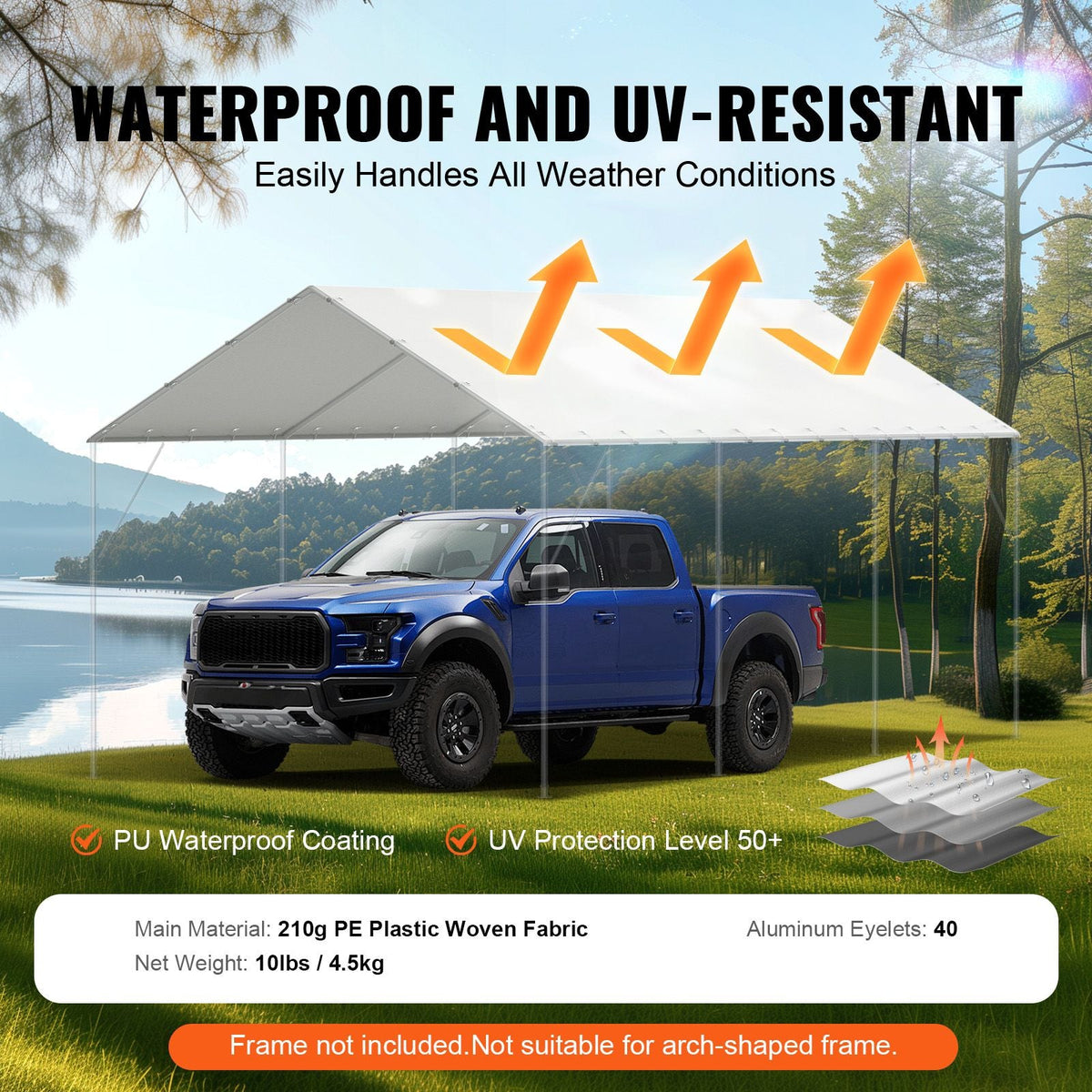 10 x 20 ft Carport Replacement Canopy Cover, Garage Top Tent Shelter Tarp Heavy-Duty Waterproof & UV Protected, Easy Installation with 40 Ball Bungeess (Only Top Cover, Frame Not Include), White