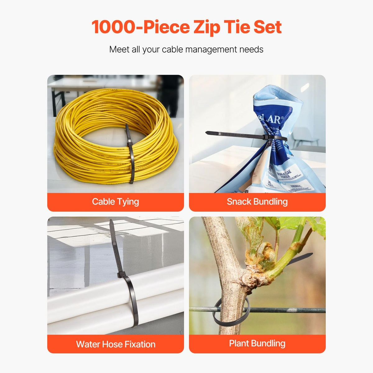1000 Pack Cable Zip Ties, 8-inch Heavy Duty Cable Wire Ties with 45LBS High Tensile Strength, Multi-Purpose Self-Locking Nylon Tie Wraps, Heat & Cold Resistant for Indoor and Outdoor Use