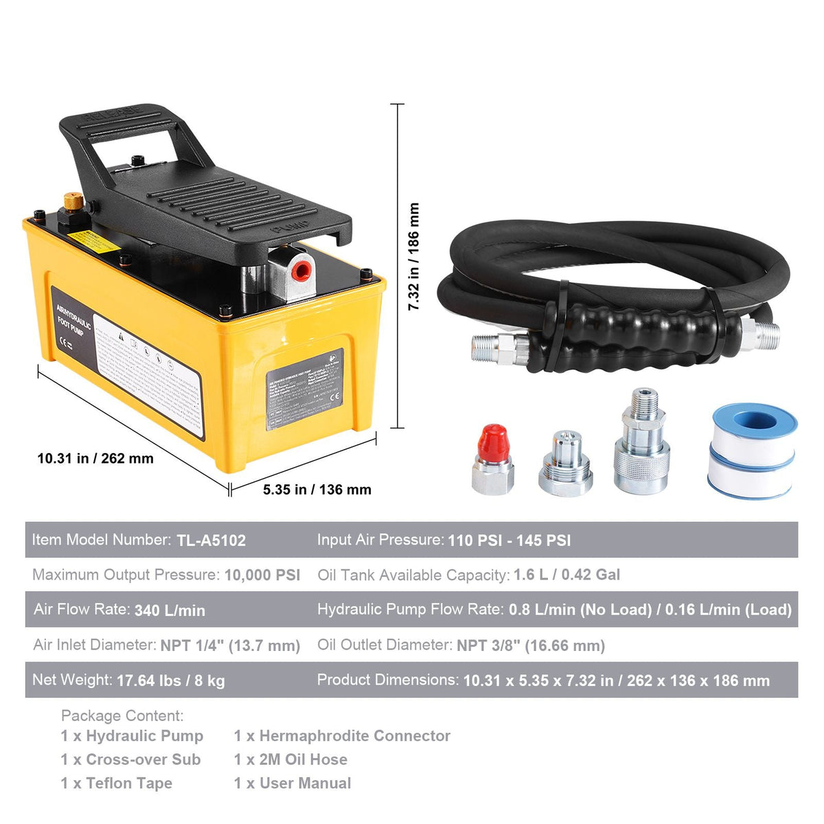 10,000PSI Air Hydraulic Pump, 0.42 Gal Reservoir, NPT 3/8 In Oil Outlet, NPT 1/4 In Inlet, Aluminum Shell Air Actuated Treadle Foot Pump, for Automobile Repair Frame Machine & Hydraulic Press