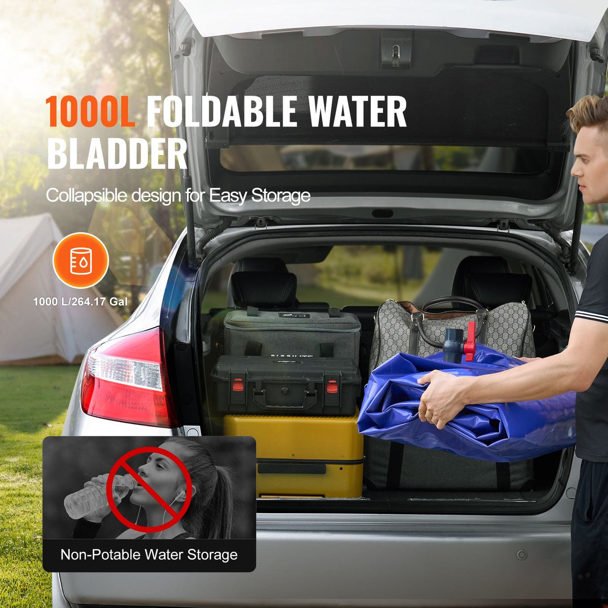 1000L/264 Gallon Water Storage Bladder, RV Water Tank, 1000D Blue PVC Collapsible Water Storage Containers, Large Capacity Soft Water Bag, Portable Water Bladder, Fire Prevention, Camping