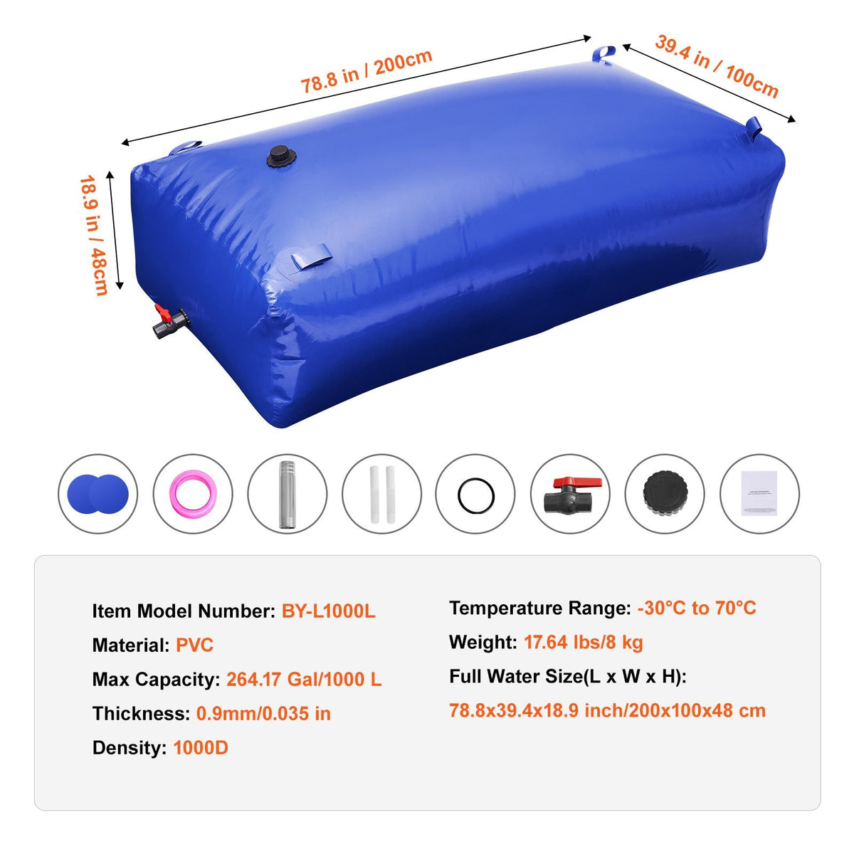 1000L/264 Gallon Water Storage Bladder, RV Water Tank, 1000D Blue PVC Collapsible Water Storage Containers, Large Capacity Soft Water Bag, Portable Water Bladder, Fire Prevention, Camping