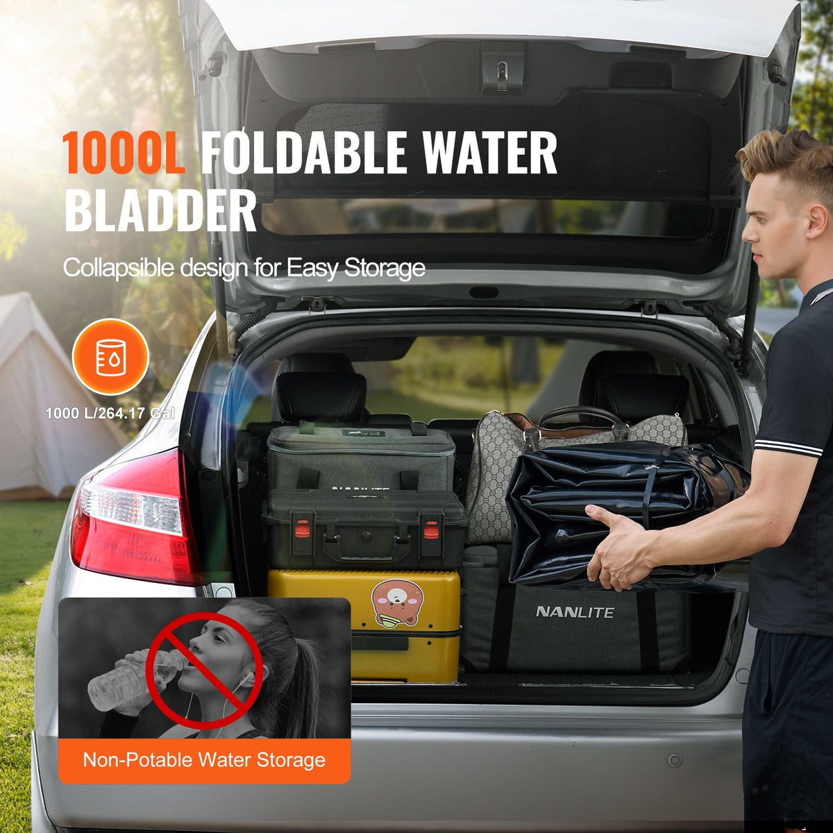 1000L/264 Gallon Water Storage Bladder, RV Water Tank, 1000D PVC Collapsible Water Storage Containers, Large Capacity Soft Water Bag, Portable Water Bladder, Fire Prevention, Camping, Emergency