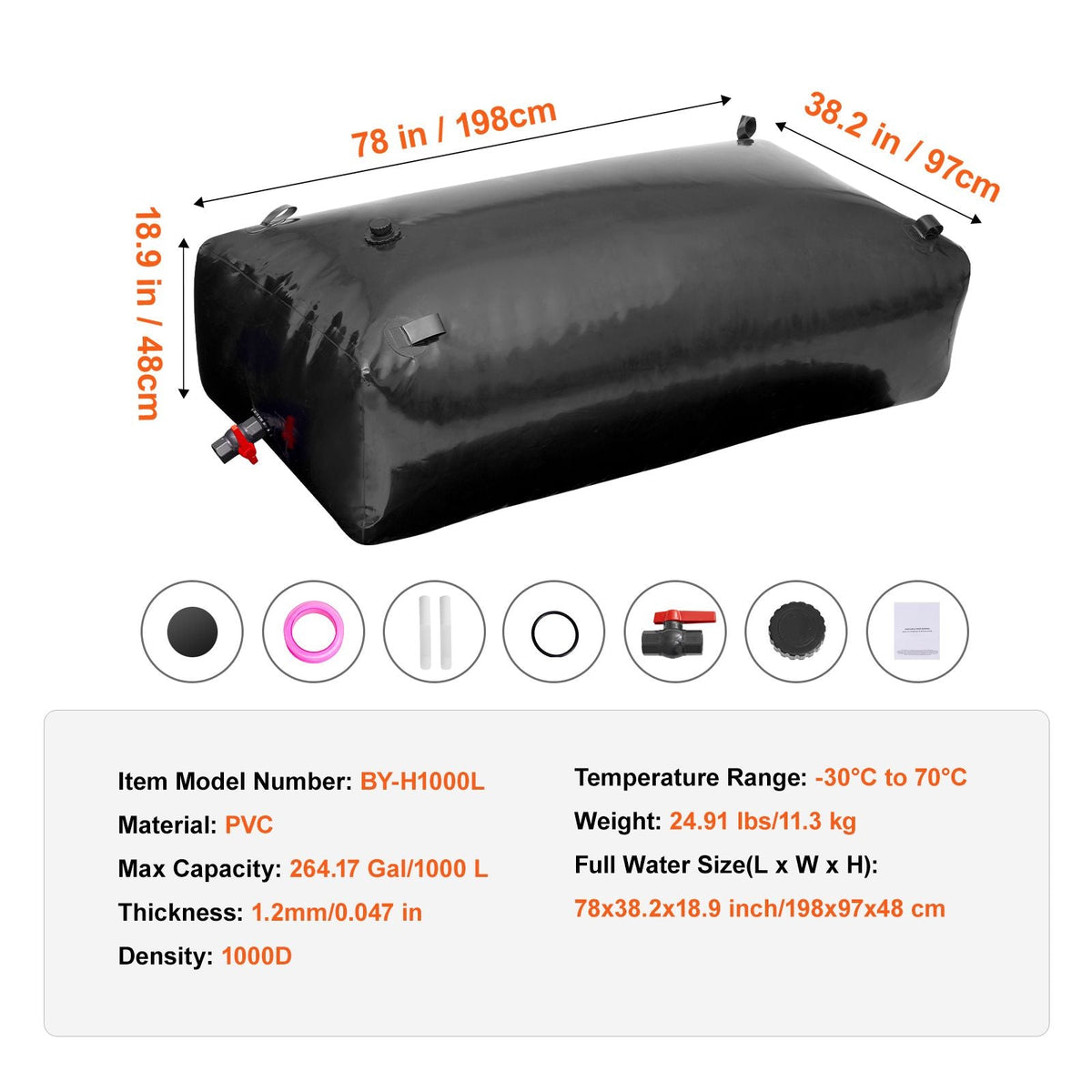 1000L/264 Gallon Water Storage Bladder, RV Water Tank, 1000D PVC Collapsible Water Storage Containers, Large Capacity Soft Water Bag, Portable Water Bladder, Fire Prevention, Camping, Emergency