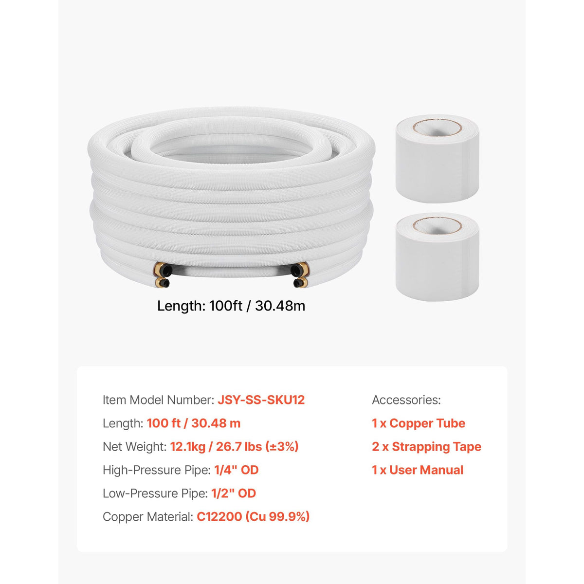100ft Mini Split Line Set, 1/4' & 1/2' OD AC Copper Tubing Pipe, 3/8 White PE Thickened Insulated Coil with Flared Nuts, Strapping Tapes, for Mini Split Air Conditioner HVAC or Heat Pump System