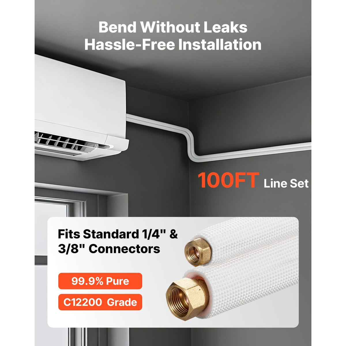 100ft Mini Split Line Set, 1/4' & 3/8' OD AC Copper Tubing Pipe, 3/8 White PE Thickened Insulated Coil with Flared Nuts, Strapping Tapes, for Mini Split Air Conditioner HVAC or Heat Pump System