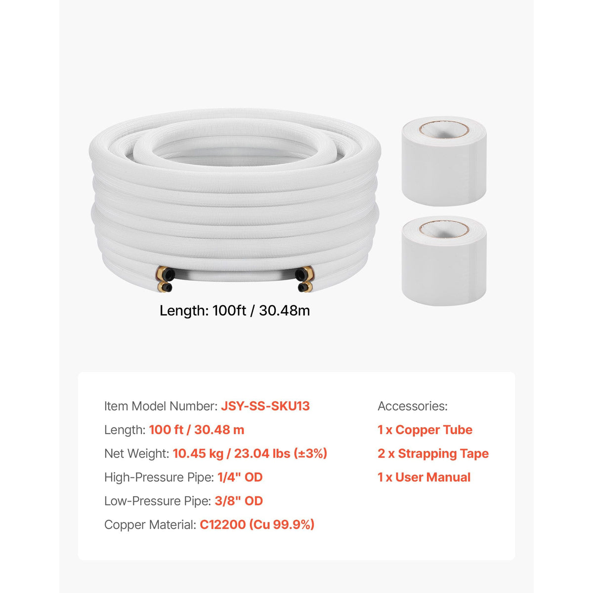 100ft Mini Split Line Set, 1/4' & 3/8' OD AC Copper Tubing Pipe, 3/8 White PE Thickened Insulated Coil with Flared Nuts, Strapping Tapes, for Mini Split Air Conditioner HVAC or Heat Pump System