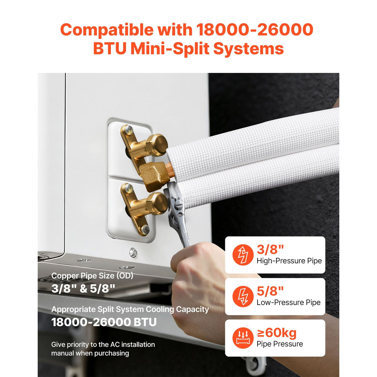 100ft Mini Split Line Set, 3/8' & 5/8' OD AC Copper Tubing Pipe, 3/8 White PE Thickened Insulated Coil with Flared Nuts, Strapping Tapes, for Mini Split Air Conditioner HVAC or Heat Pump System