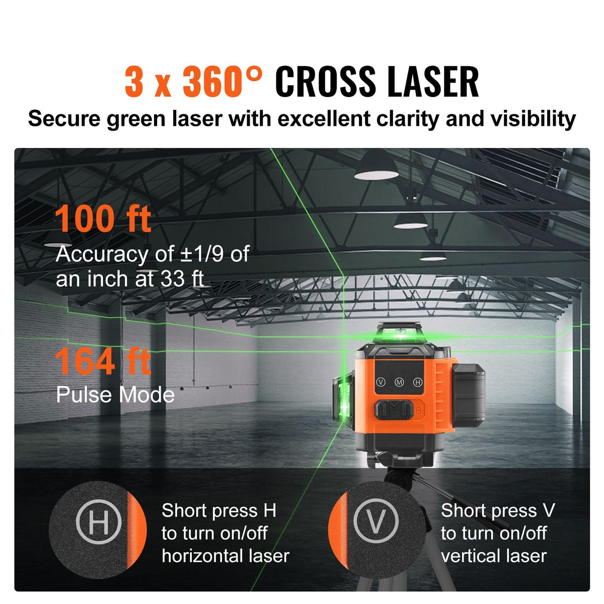 100ft Self Leveling Laser Level, Manual Green 3 x 360° Cross Line Laser, Manual Self-leveling Mode & IP54 Waterproof 8h Continuous Working Time Line Laser, Battery/Stand Included