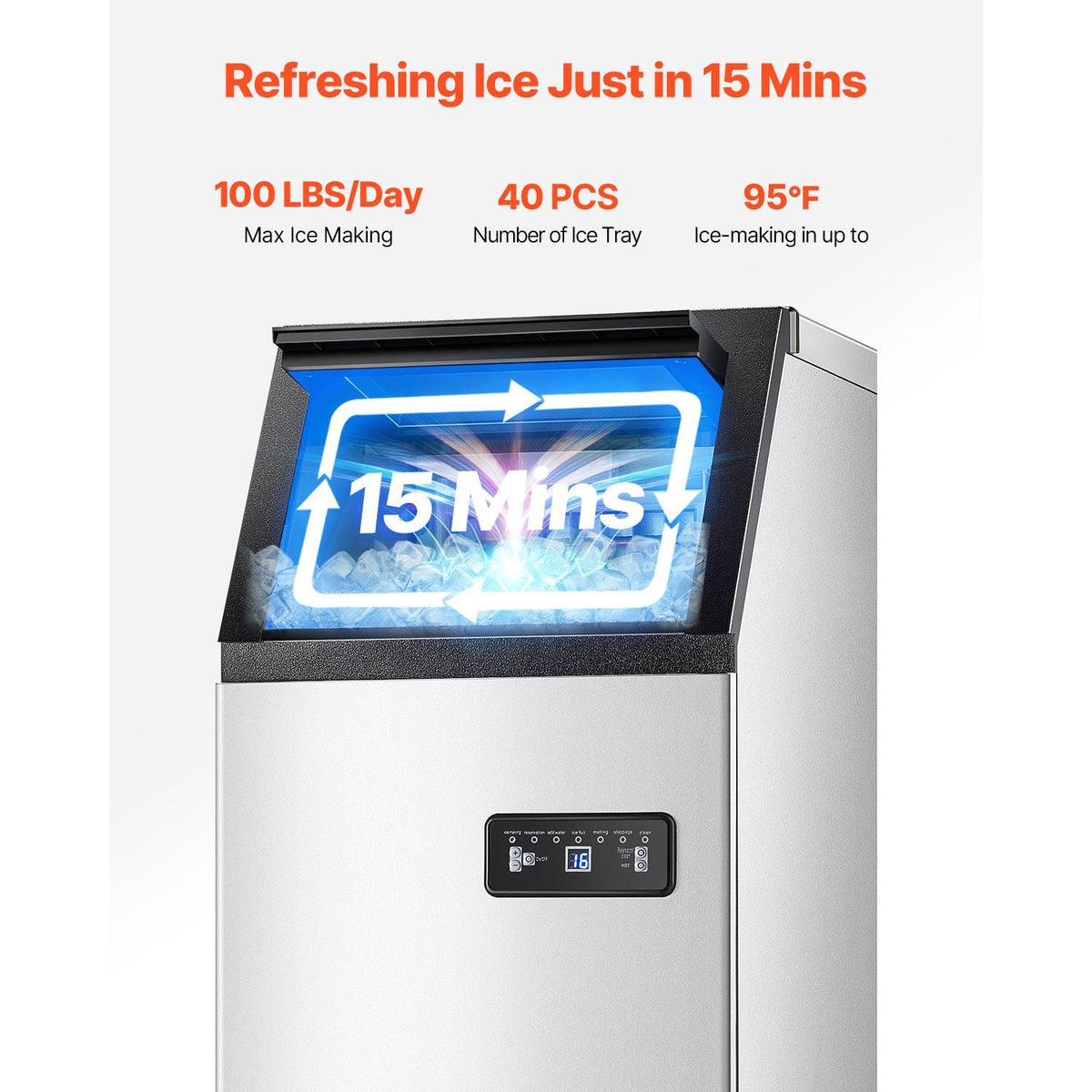 100lbs/24H Commercial Ice Maker, 36 Ice Cubes in 15 Minutes, Freestanding Ice Maker Machine with 28lbs Large Storage Capacity for Bar Office Restaurant, with LED Digital Display & Self-Cleaning