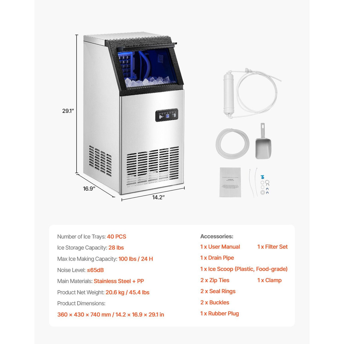 100lbs/24H Commercial Ice Maker, 36 Ice Cubes in 15 Minutes, Freestanding Ice Maker Machine with 28lbs Large Storage Capacity for Bar Office Restaurant, with LED Digital Display & Self-Cleaning