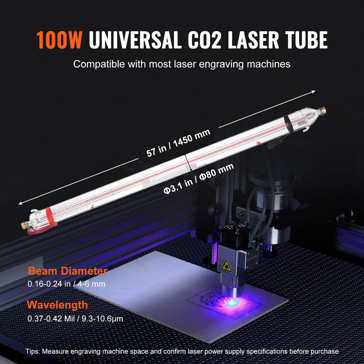 100W CO2 Laser Tube, 57 in (1450 mm) Length, 3.1 in (80 mm) Dia Borosilicate Glass Laser Cutter Tube with Metal Head, 10,000hr Wires Preconnected for Laser Engraver Engraving Cutting Machine