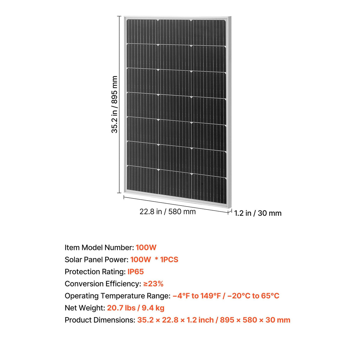 100W Monocrystalline Solar Panel, 23% High-Efficiency Mono PV Module with Stable MC4 Output & Aluminum Frame, IP65 Waterproof Solar Panel for Car Boat RV Flat Rooftop Off-Grid Applications