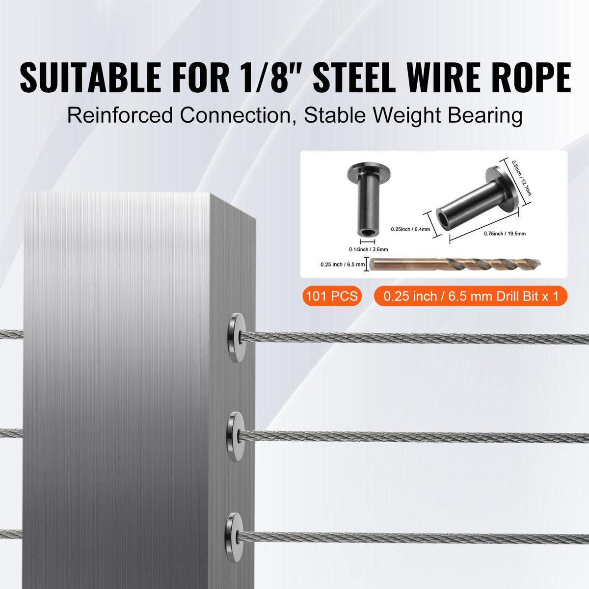101 Pack T316 Stainless Steel Protector Sleeves for 1/8" Wire Rope Cable Railing, DIY Balustrade T316 Marine Grade, Come with A Free Drill Bit, Black
