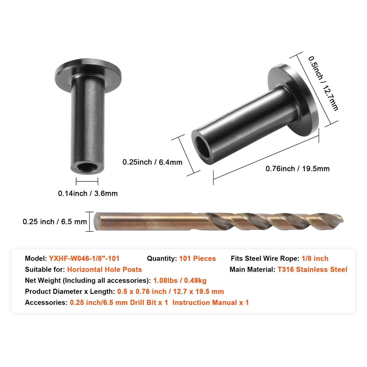 101 Pack T316 Stainless Steel Protector Sleeves for 1/8" Wire Rope Cable Railing, DIY Balustrade T316 Marine Grade, Come with A Free Drill Bit, Black