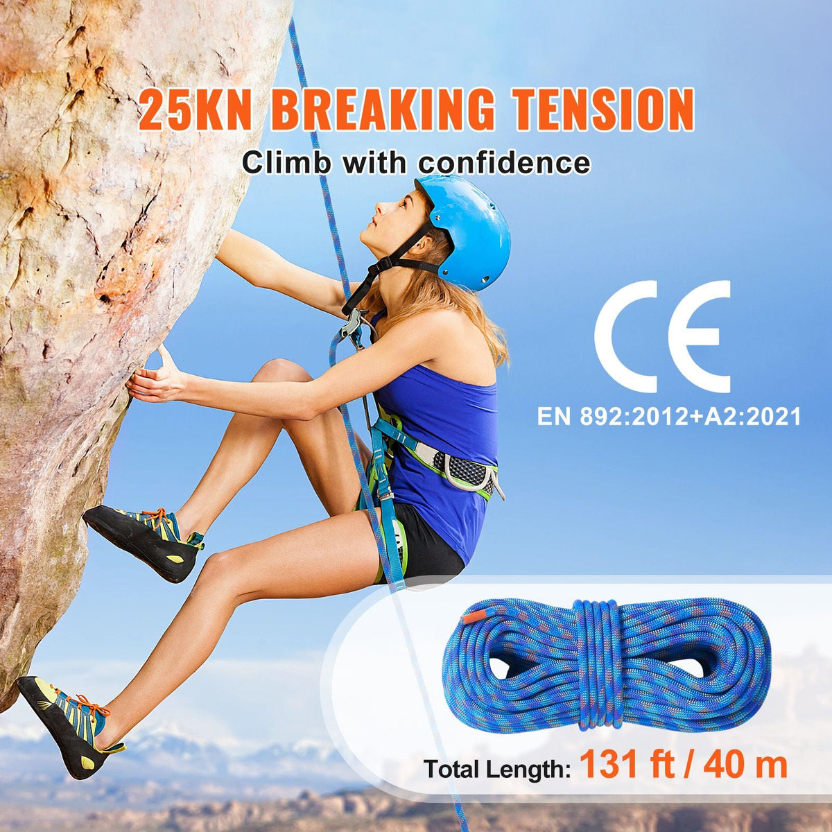 10.2mm Dynamic Climbing Rope, 40M(131ft) Outdoor Rock Climbing Rope 25KN Breaking Tension, Stretchable Fiber Rope with Steel Snap Hooks for Escape, Rappelling, Fire Rescue, Blue
