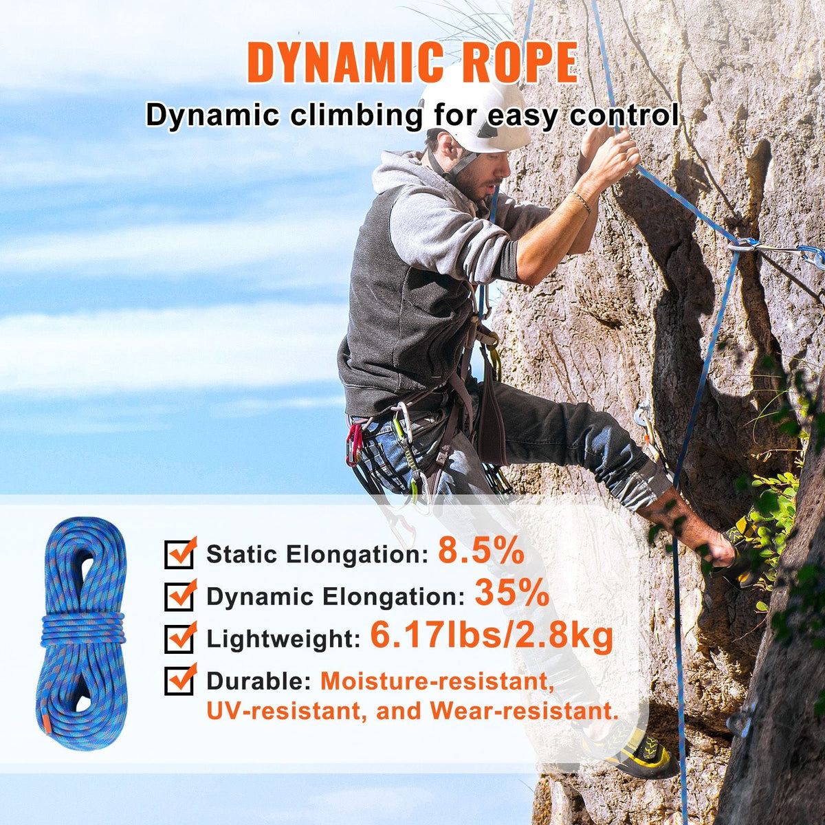 10.2mm Dynamic Climbing Rope, 40M(131ft) Outdoor Rock Climbing Rope 25KN Breaking Tension, Stretchable Fiber Rope with Steel Snap Hooks for Escape, Rappelling, Fire Rescue, Blue