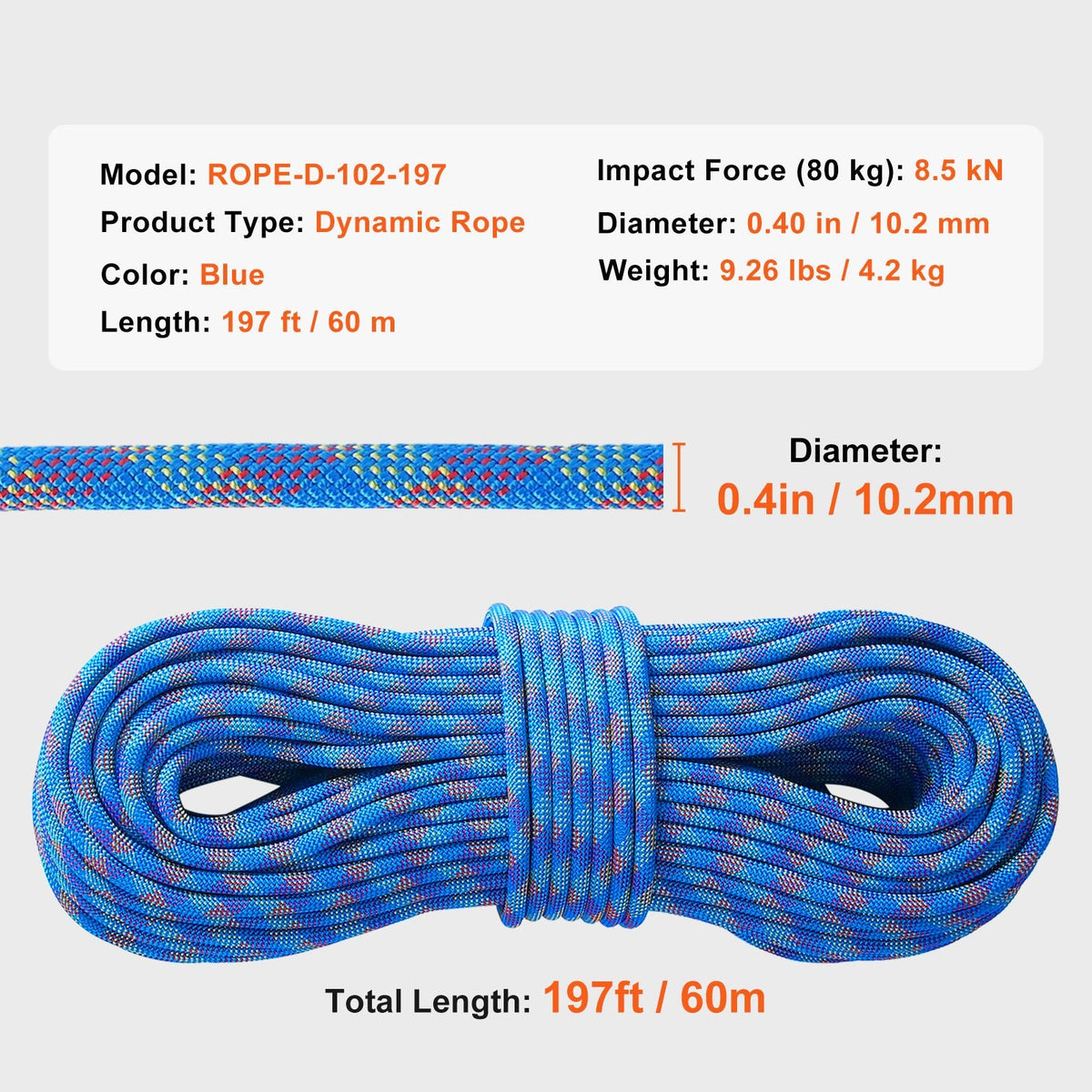 10.2mm Dynamic Climbing Rope, 60M(197ft) Outdoor Rock Climbing Rope 25KN Breaking Tension, Stretchable Fiber Rope with Steel Snap Hooks for Escape, Rappelling, Fire Rescue, Blue