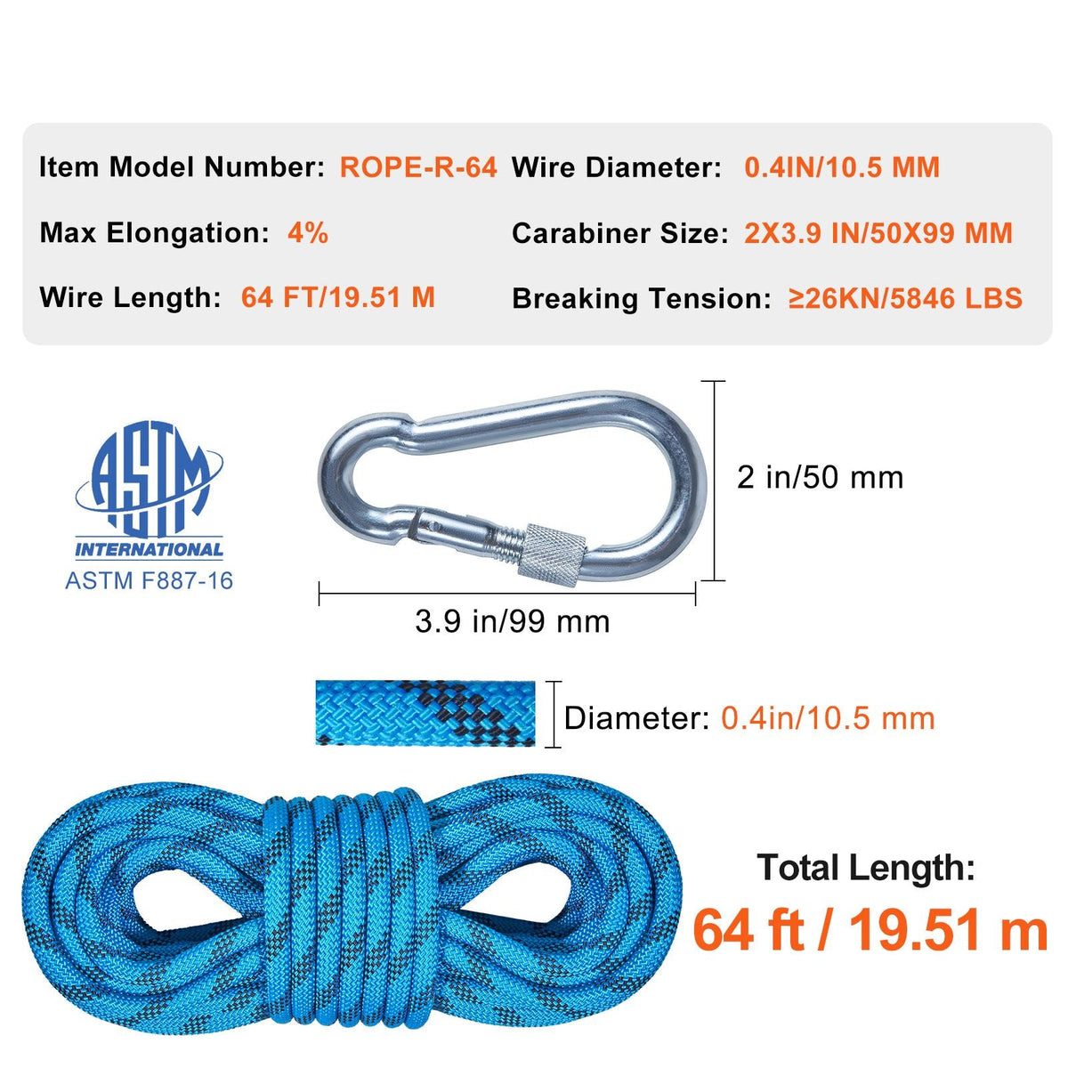 10.5 mm Static Climbing Rope, 19.5M(64ft) Outdoor Rock Climbing Rope 25KN Breaking Tension, Fiber Rope with Steel Snap Hooks for Escape, Rappelling, Fire Rescue, Blue