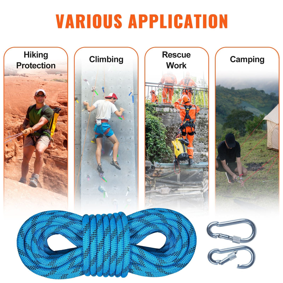 10.5 mm Static Climbing Rope, 19.5M(64ft) Outdoor Rock Climbing Rope 25KN Breaking Tension, Fiber Rope with Steel Snap Hooks for Escape, Rappelling, Fire Rescue, Blue