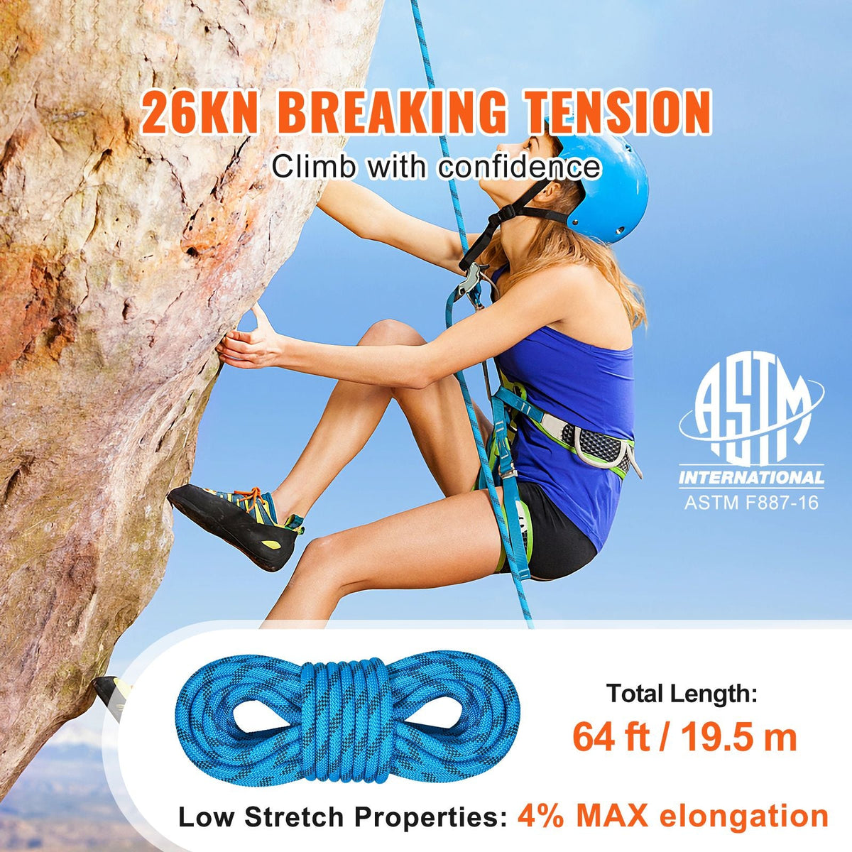 10.5 mm Static Climbing Rope, 19.5M(64ft) Outdoor Rock Climbing Rope 25KN Breaking Tension, Fiber Rope with Steel Snap Hooks for Escape, Rappelling, Fire Rescue, Blue