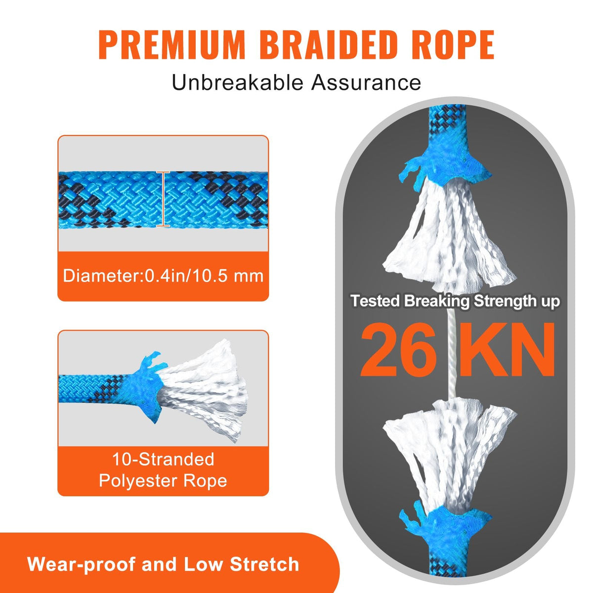 10.5 mm Static Climbing Rope, 19.5M(64ft) Outdoor Rock Climbing Rope 25KN Breaking Tension, Fiber Rope with Steel Snap Hooks for Escape, Rappelling, Fire Rescue, Blue