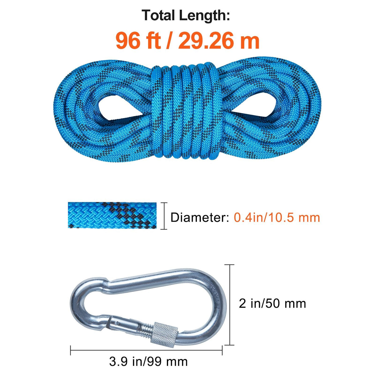 10.5 mm Static Climbing Rope, 29.3M(96ft) Outdoor Rock Climbing Rope 25KN Breaking Tension, Fiber Rope with Steel Snap Hooks for Escape, Rappelling, Fire Rescue, Blue
