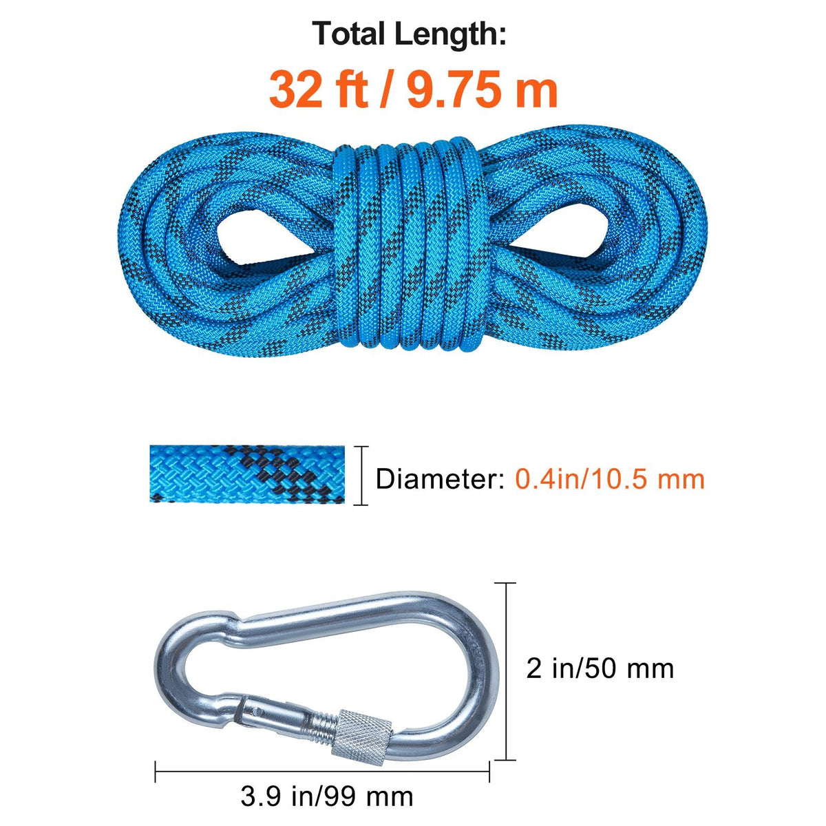 10.5 mm Static Climbing Rope, 9.7M(32ft) Outdoor Rock Climbing Rope 25KN Breaking Tension, Fiber Rope with Steel Snap Hooks for Escape, Rappelling, Fire Rescue, Blue