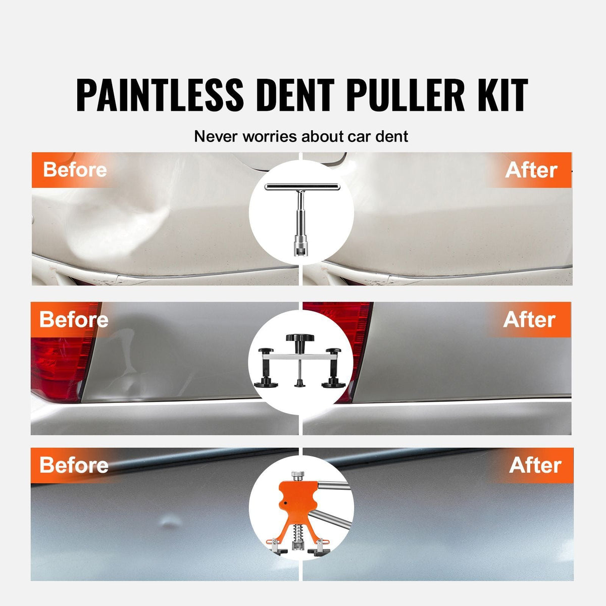 107 PCS Dent Removal Kit, Paintless Dent Repair Kit with Golden Lifter, Bridge Puller, Slide Hammer T-bar Dent Puller, Suction Cup Dent Puller for Auto Body Dents, Hail Damage, Door Ding