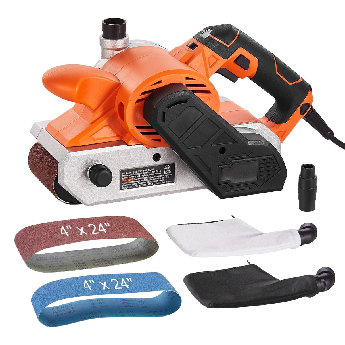 10AMP Belt Sander, 4" x 24" Belt Sanders for Woodworking with 6 Speeds 274-480 m/min, Powerful Sander Machine with 2 in 1 Vacuum Adapter, 2 Dust Bags, 2 Sanding Belts