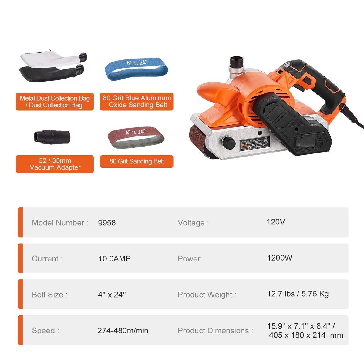 10AMP Belt Sander, 4" x 24" Belt Sanders for Woodworking with 6 Speeds 274-480 m/min, Powerful Sander Machine with 2 in 1 Vacuum Adapter, 2 Dust Bags, 2 Sanding Belts