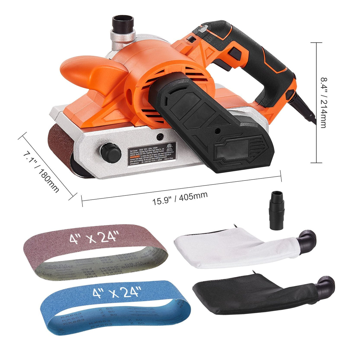 10AMP Belt Sander, 4" x 24" Belt Sanders for Woodworking with 6 Speeds 274-480 m/min, Powerful Sander Machine with 2 in 1 Vacuum Adapter, 2 Dust Bags, 2 Sanding Belts