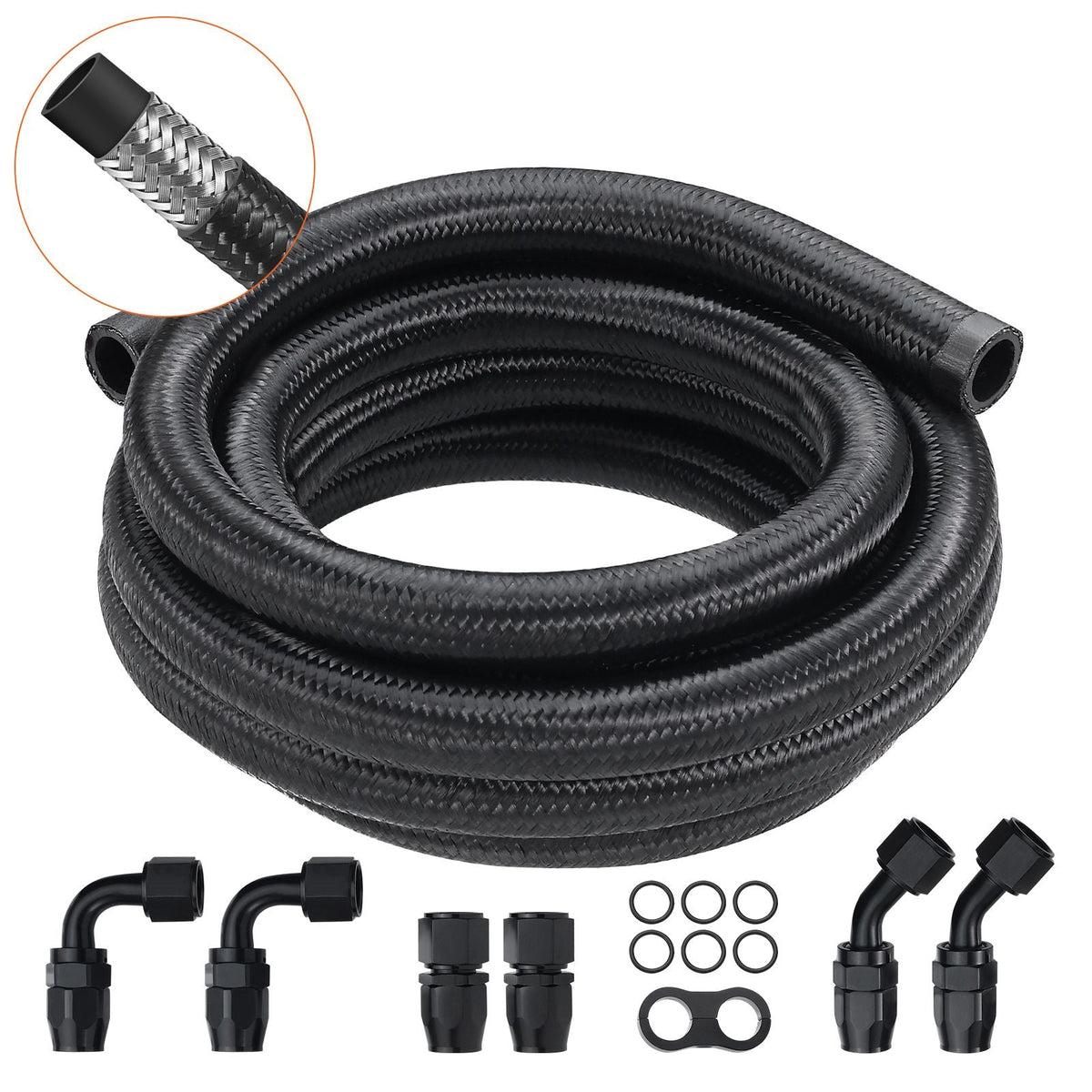 10AN Fuel Line Kit, 10 FT Fuel Hose Kit, 0.55" Nylon Stainless Steel Braided Fuel Line Oil/Gas/Diesel Hose End Fitting Kit, with 7 PCS Swivel Fitting Adapter Kit, Black