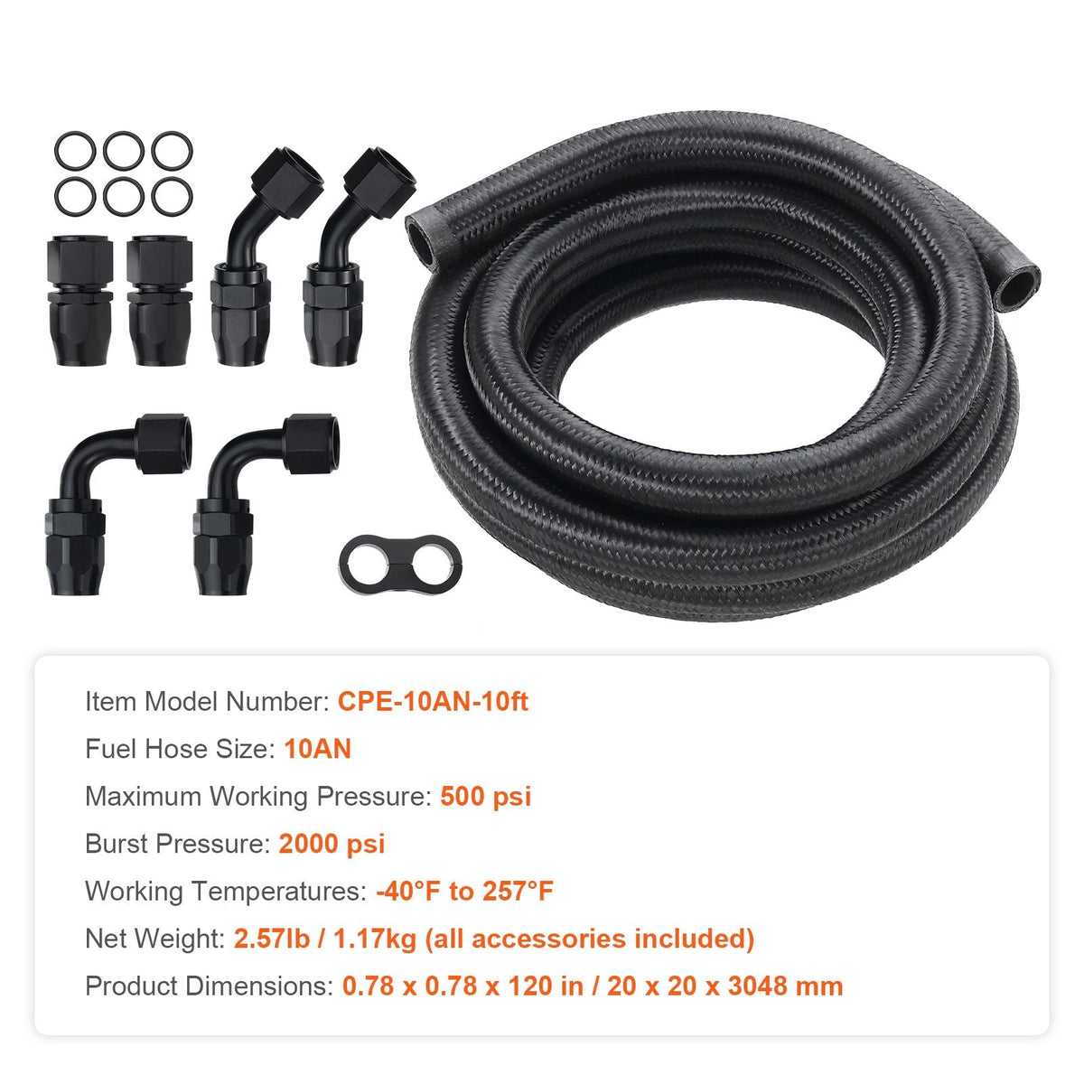 10AN Fuel Line Kit, 10 FT Fuel Hose Kit, 0.55" Nylon Stainless Steel Braided Fuel Line Oil/Gas/Diesel Hose End Fitting Kit, with 7 PCS Swivel Fitting Adapter Kit, Black
