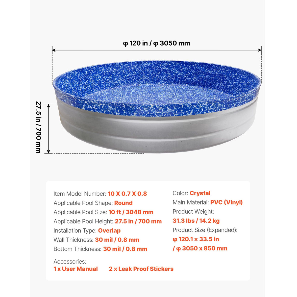 10ft Pool Liner, Round Overlap Swimming Pool Liner for 27.5 in Wall Height, Heavy Gauge Vinyl, Easy Install with Leak-Proof Patches, Designed for Steel Sided Above-Ground,Outdoor, Crystal
