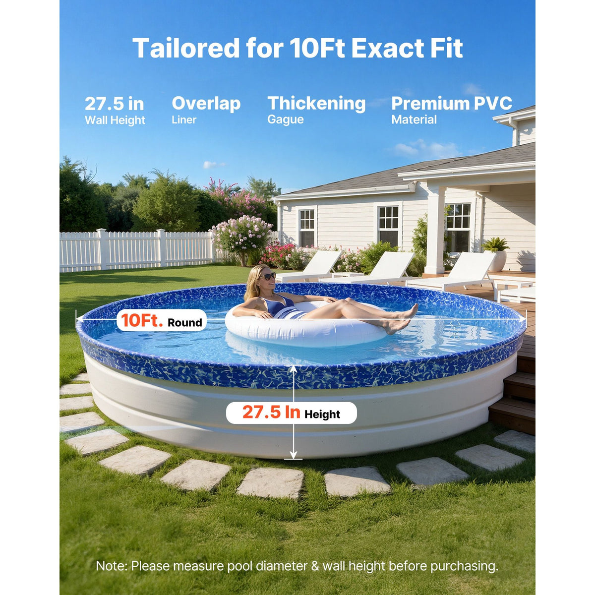 10ft Pool Liner, Round Overlap Swimming Pool Liner for 27.5 in Wall Height, Heavy Gauge Vinyl, Easy Install with Leak-Proof Patches, Designed for Steel Sided Above-Ground,Outdoor, Crystal