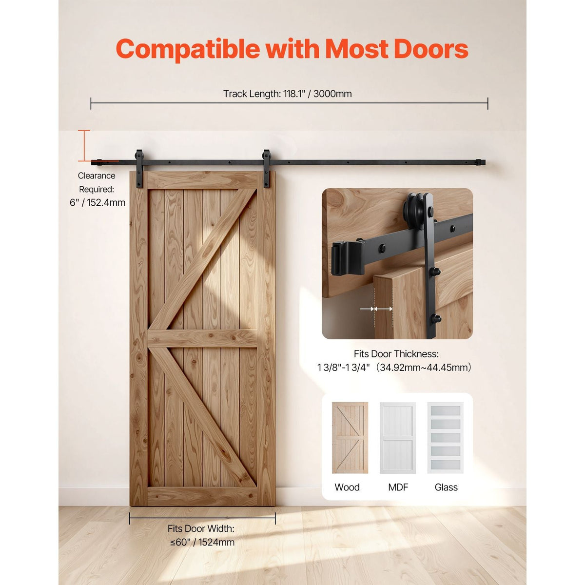 10FT Sliding Barn Door Hardware Kit, 330 LBS Weight Capacity, Compatible with 60 Inches Max Width & 1-3/8 to 1-3/4 Inches Thickness Single Sliding Barn Door, Durable Track & I-shape Roller,Black