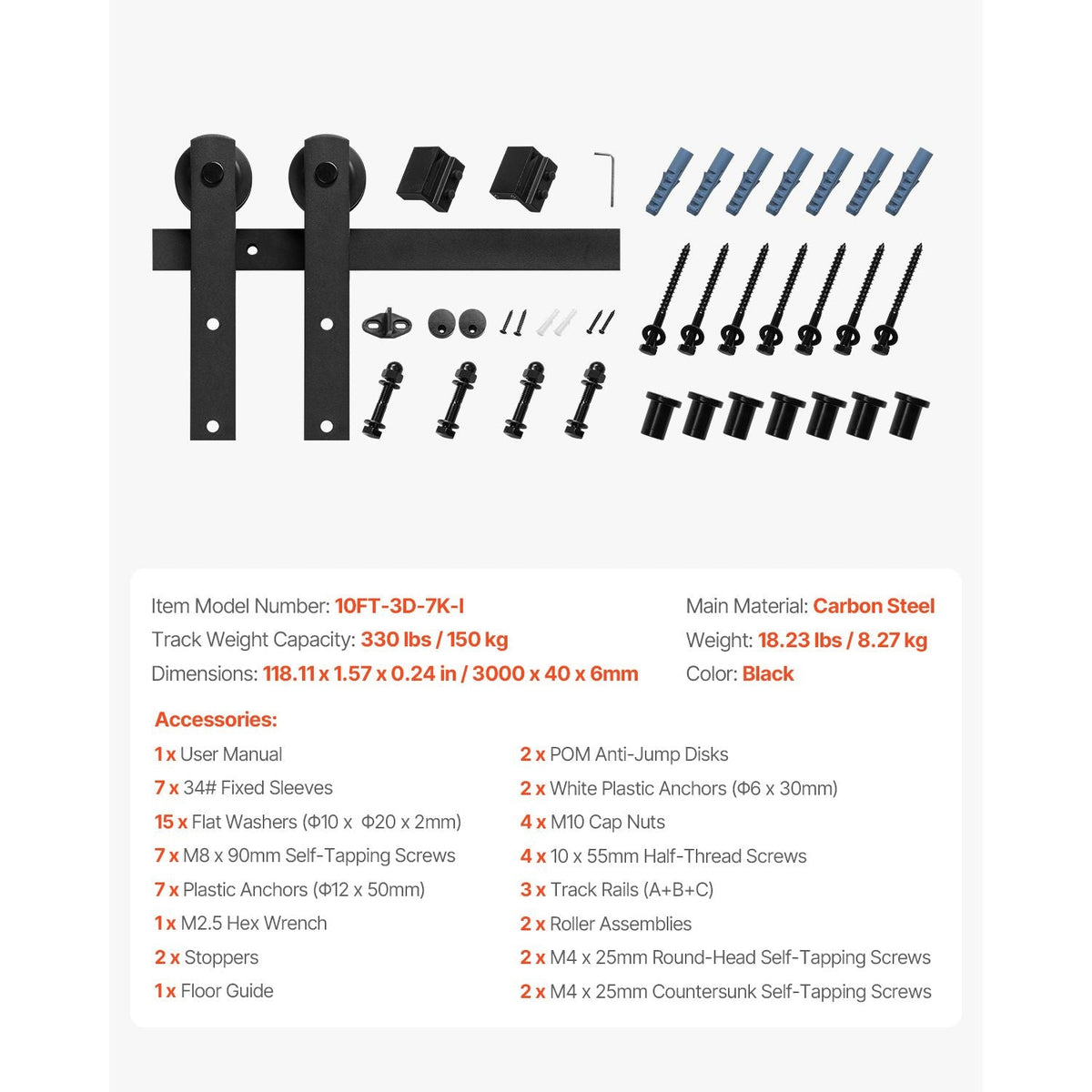 10FT Sliding Barn Door Hardware Kit, 330 LBS Weight Capacity, Compatible with 60 Inches Max Width & 1-3/8 to 1-3/4 Inches Thickness Single Sliding Barn Door, Durable Track & I-shape Roller,Black