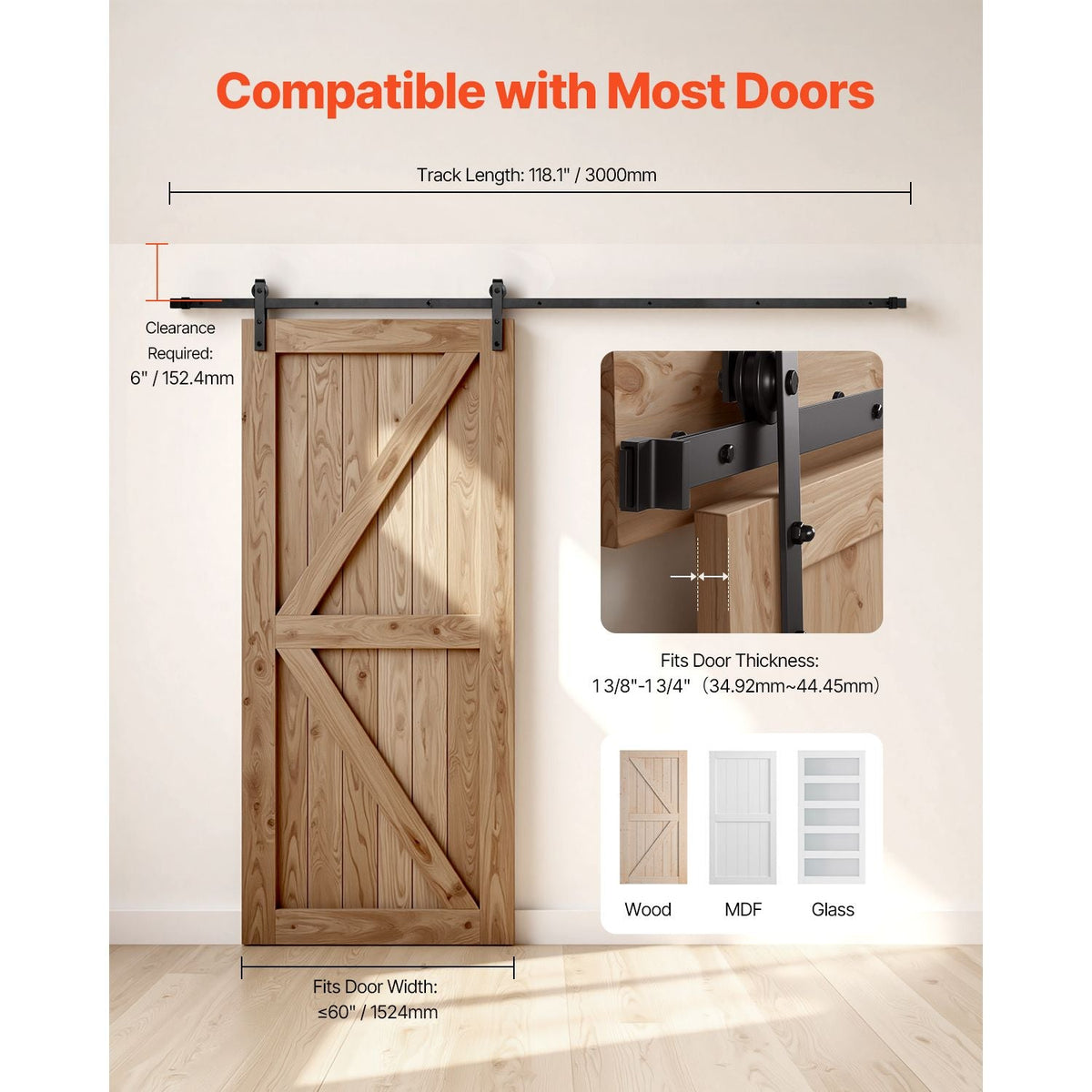 10FT Sliding Barn Door Hardware Kit, 330 LBS Weight Capacity, Compatible with 60 Inches Max Width & 1-3/8 to 1-3/4 Inches Thickness Single Sliding Barn Door, Durable Track & J-shape Roller,Black