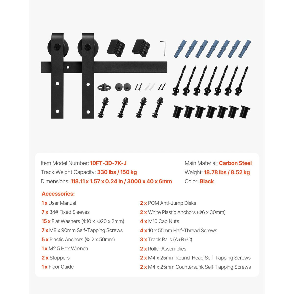 10FT Sliding Barn Door Hardware Kit, 330 LBS Weight Capacity, Compatible with 60 Inches Max Width & 1-3/8 to 1-3/4 Inches Thickness Single Sliding Barn Door, Durable Track & J-shape Roller,Black