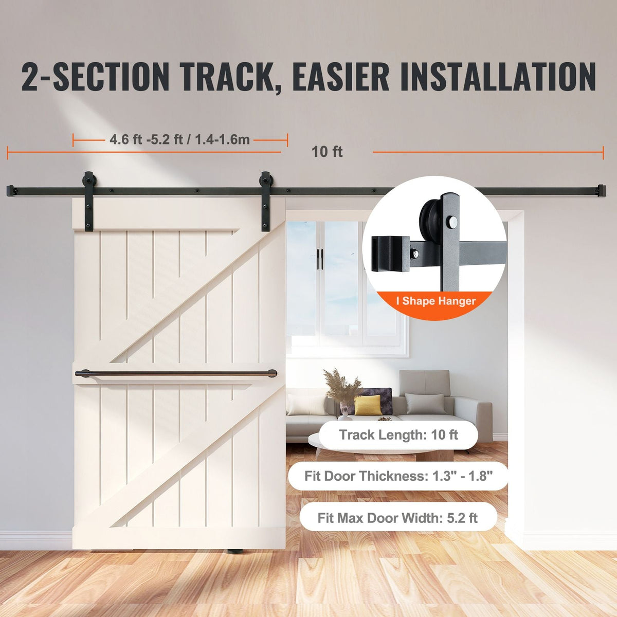 10FT Sliding Barn Door Hardware Kit, 330LBS Loading Heavy Duty Barn Door Track Kit for Single Door, Fit 4.6-5.2FT Wide and 1.3"-1.8" Thick Door Panel, with Smooth & Silent Pulley (I Shape)