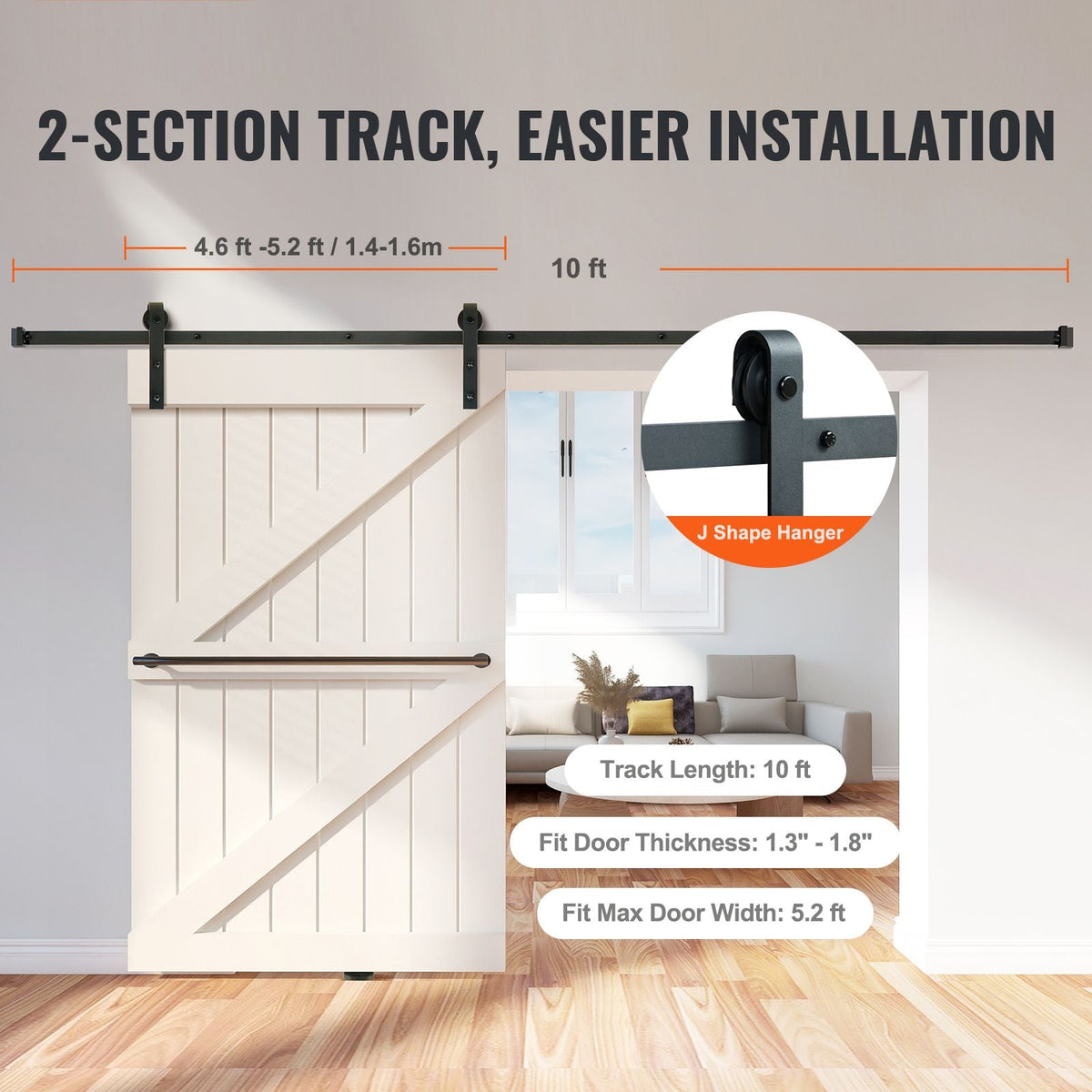 10FT Sliding Barn Door Hardware Kit, 330LBS Loading Heavy Duty Barn Door Track Kit for Single Door, Fit 4.6-5.2FT Wide and 1.3"-1.8" Thick Door Panel, with Smooth & Silent Pulley (J Shape)
