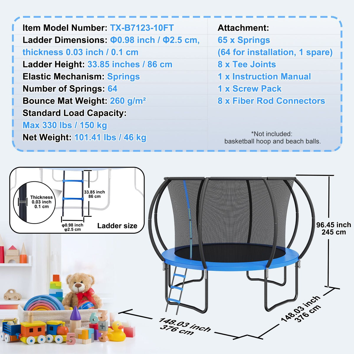 10FT Trampoline, 330 lbs Trampoline with Enclosure Net, Ladder, and Curved Pole, Heavy Duty Trampoline with Jumping Mat and Spring Cover Padding, Outdoor Recreational Trampolines for Kids Adults