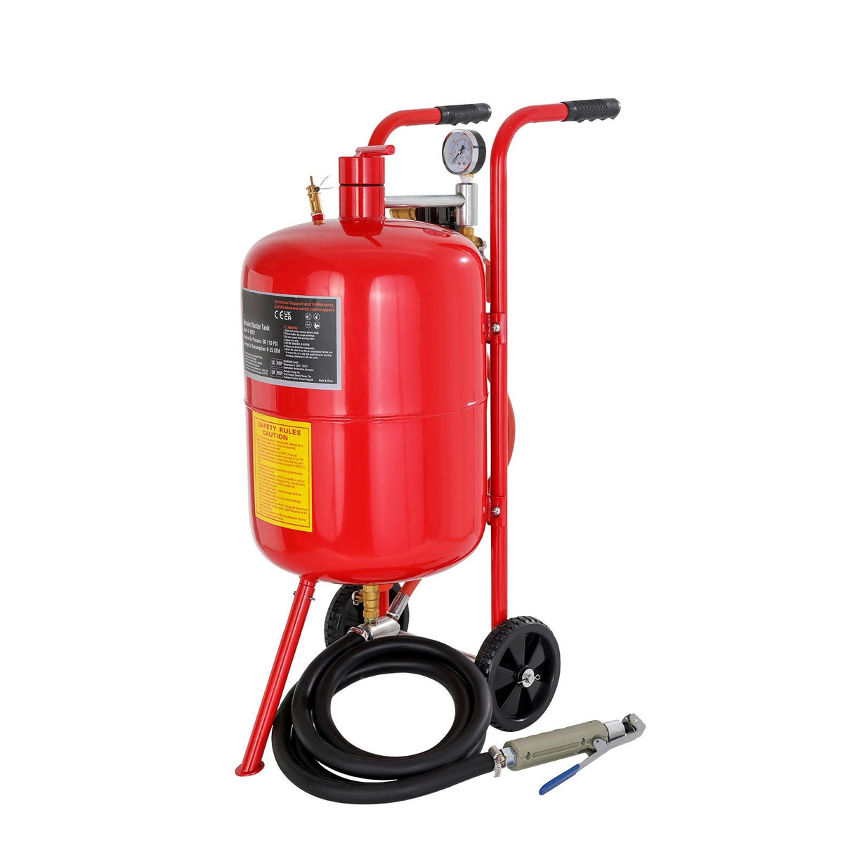 10Gal/40L Sandblaster Equipped with Nozzle Shut-Off Valve Pressure Gauge Ceramic Nozzle 2.5m Hose Filling Funnel Watertrap 6\" Rubber Wheels Grit Power Sand Blasters Portable Sandblasting Equipm