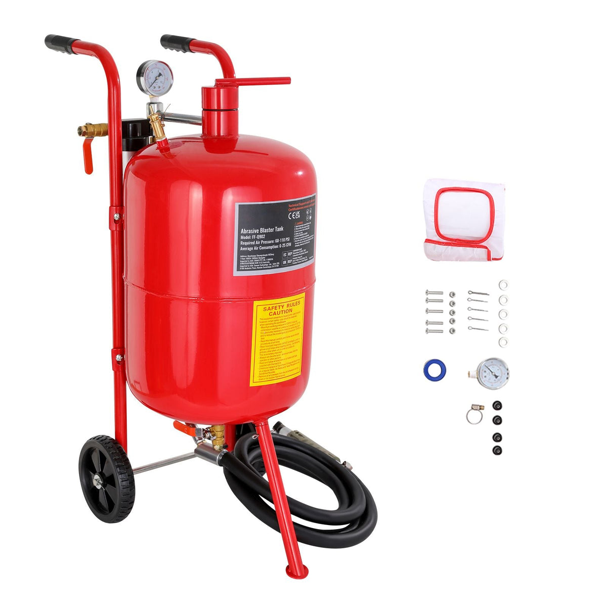 10Gal/40L Sandblaster Equipped with Nozzle Shut-Off Valve Pressure Gauge Ceramic Nozzle 2.5m Hose Filling Funnel Watertrap 6\" Rubber Wheels Grit Power Sand Blasters Portable Sandblasting Equipm