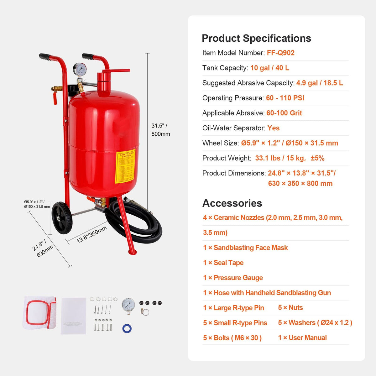10Gal/40L Sandblaster Equipped with Nozzle Shut-Off Valve Pressure Gauge Ceramic Nozzle 2.5m Hose Filling Funnel Watertrap 6\" Rubber Wheels Grit Power Sand Blasters Portable Sandblasting Equipm
