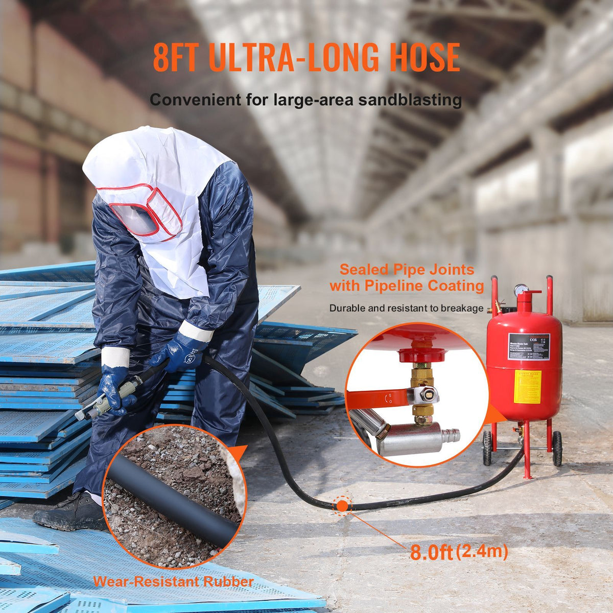 10Gal/40L Sandblaster Equipped with Nozzle Shut-Off Valve Pressure Gauge Ceramic Nozzle 2.5m Hose Filling Funnel Watertrap 6\" Rubber Wheels Grit Power Sand Blasters Portable Sandblasting Equipm