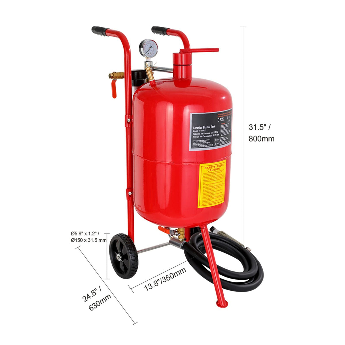 10Gal/40L Sandblaster Equipped with Nozzle Shut-Off Valve Pressure Gauge Ceramic Nozzle 2.5m Hose Filling Funnel Watertrap 6\" Rubber Wheels Grit Power Sand Blasters Portable Sandblasting Equipm